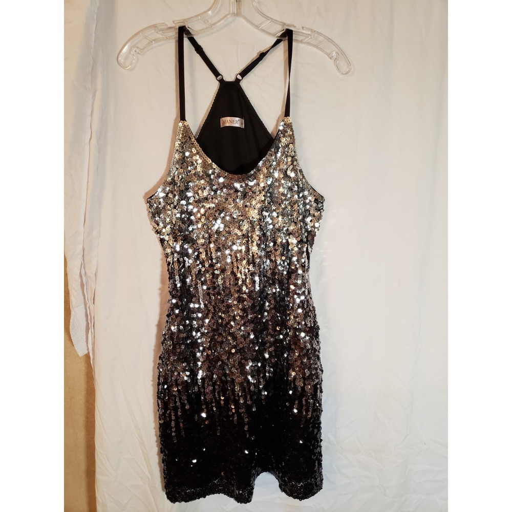 Women's Maner Black And Silver Sequined Sleeveless Dress Size M